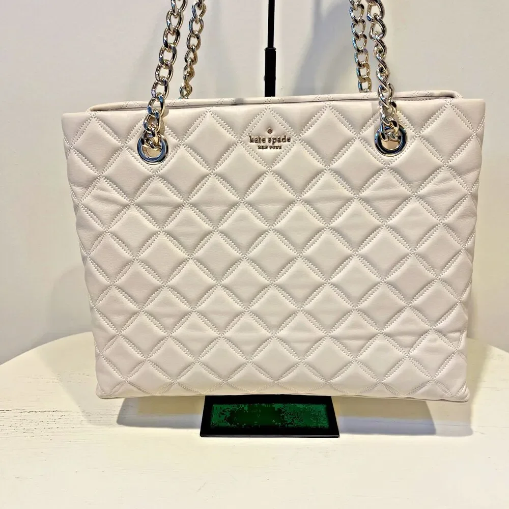 Kate Spade Carey Quilted Leather Large Tote Bag Chain Shoulder In Parchment
